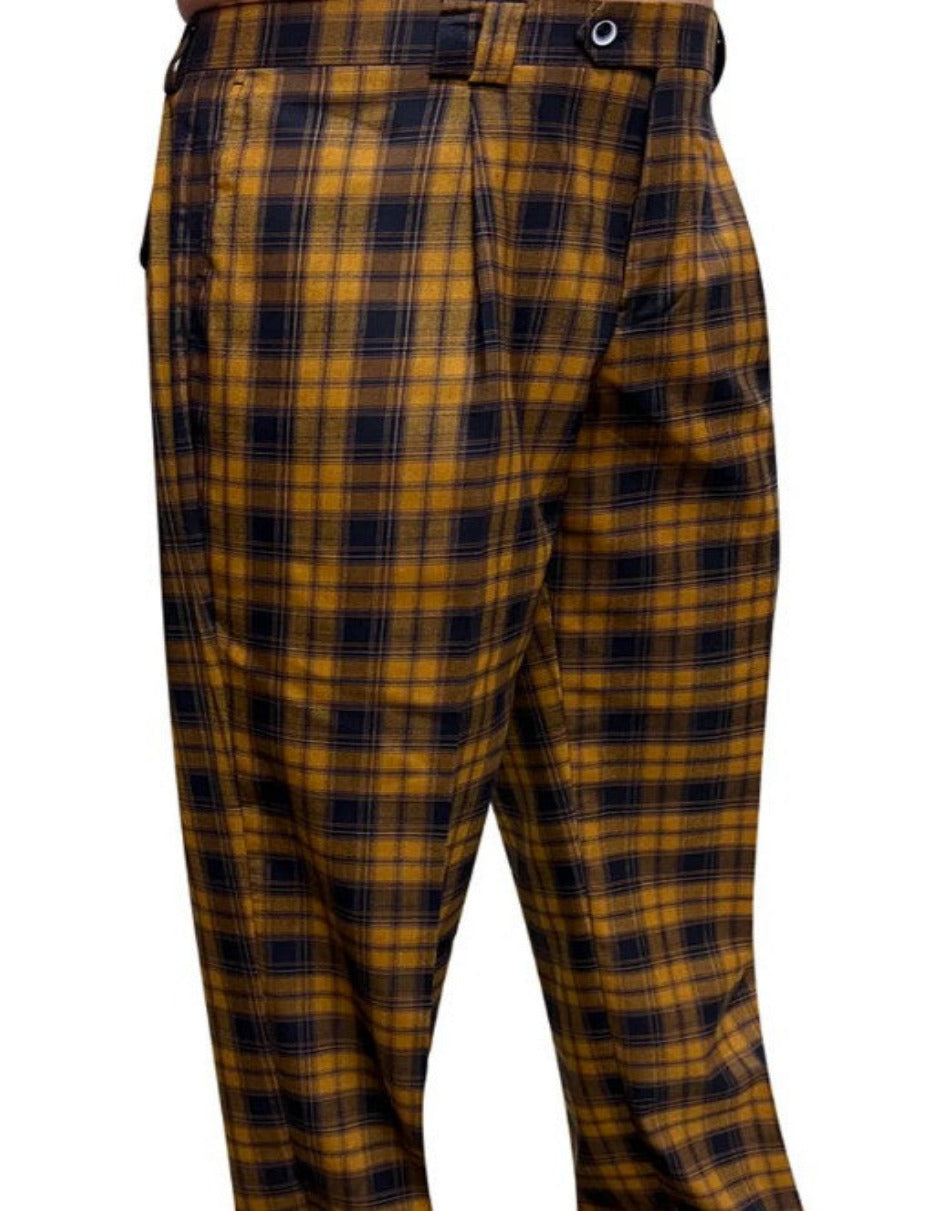 Pantalones de vestir de lana de diseño para hombre con pierna ancha y pliegues en cuadros color cobre y mostaza