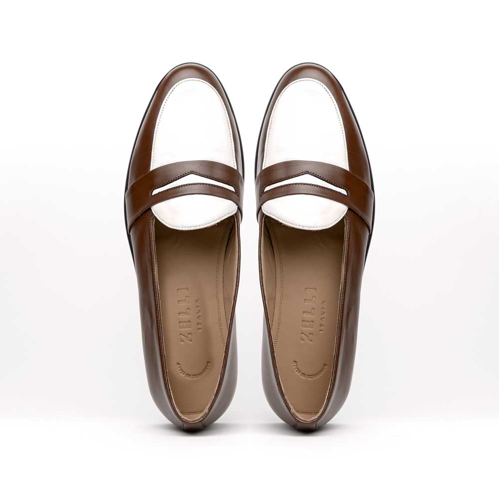 Zelli Alba Italian Calfskin Penny Loafers in Camel and Cream
