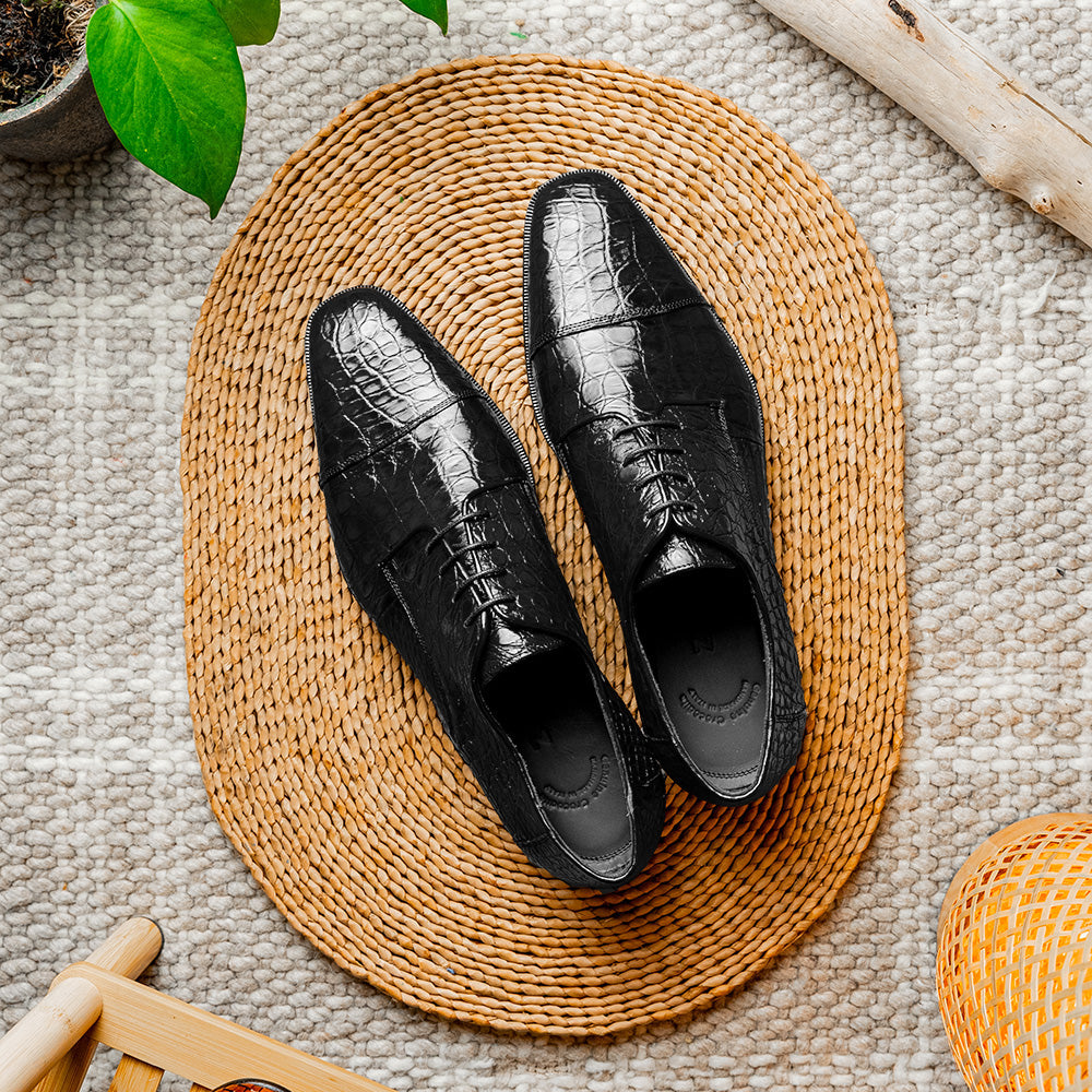 Zelli Andrea Genuine Crocodile Cap Toe Derby Shoes in Black