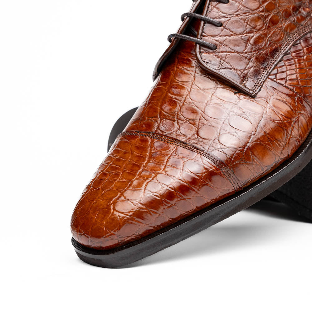 Zelli Andrea Genuine Crocodile Cap Toe Derby Dress Shoes in Cognac