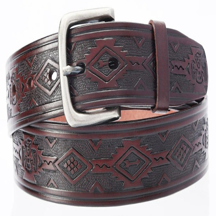 Aztec Embossed Oil Tan Leather Belt Brown - Cinto de Piel