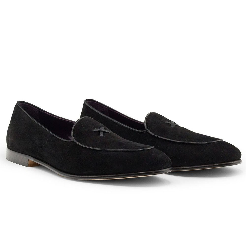 Zelli Hand-Stitched Sueded Goatskin Loafer with Crocodile Vamp in Black
