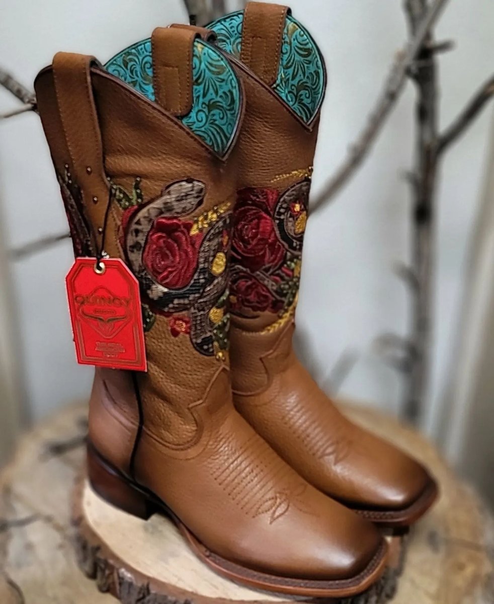 Botas Altas de Cuero con Flores para Mujer en Horma Rodeo Q322SF5251