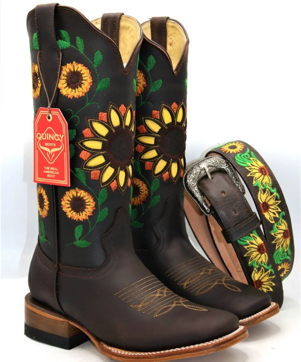 Botas Vaqueras de Cuero con Girasoles para Mujer en Horma Rodeo Q322GL6294