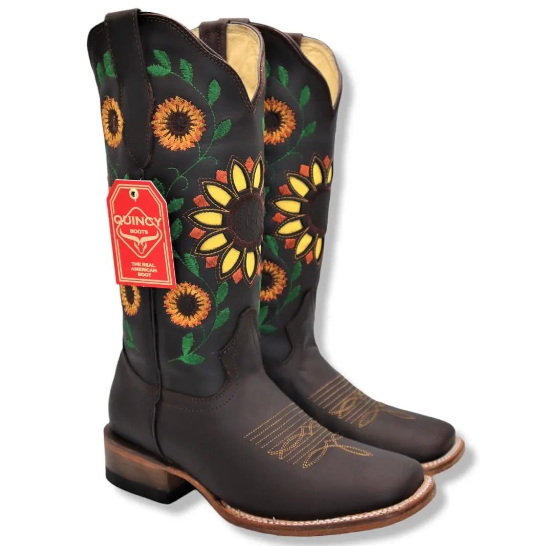 Botas Vaqueras de Cuero con Girasoles para Mujer en Horma Rodeo Q322GL6294
