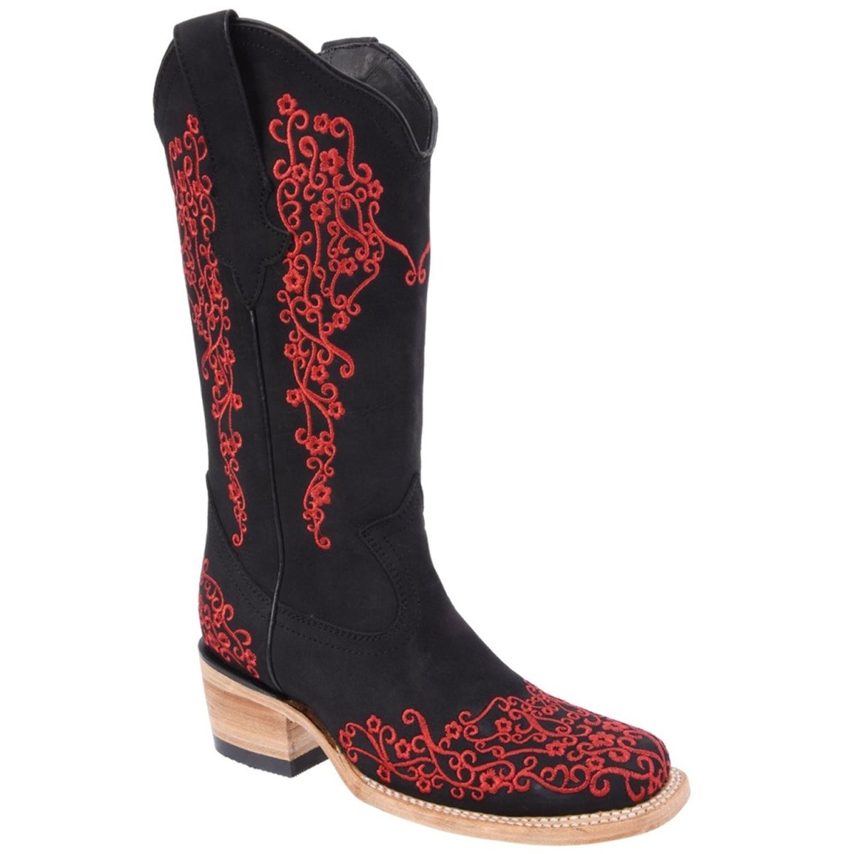 Botas Altas de Cuero Nobuck Horma Rodeo para Mujer Color Negro y Rojo WD-483