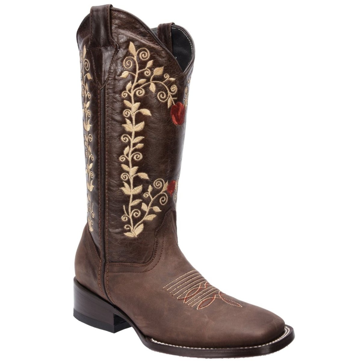 Botas Altas de Cuero para Mujer Horma Rodeo Color Cafe Flores Rojas WD-479