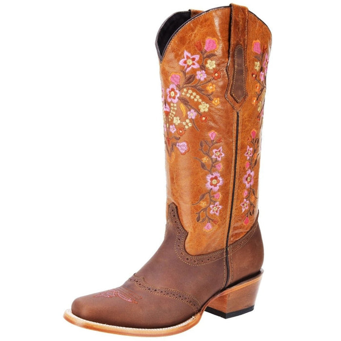 Botas Altas de Cuero para Mujer Horma Rodeo Color Miel Flores Rosas