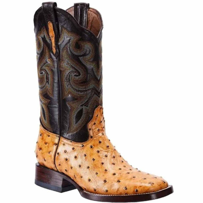 Botas de Avestruz Grabada Horma Rodeo Cuadrada Color Mantequilla
