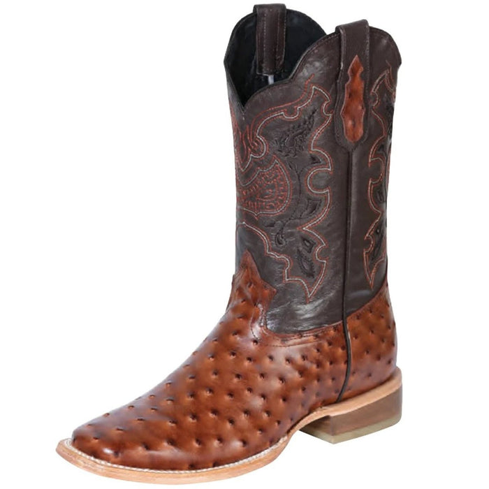 Botas de Avestruz Grabado Horma Rodeo Cuadrada Cognac