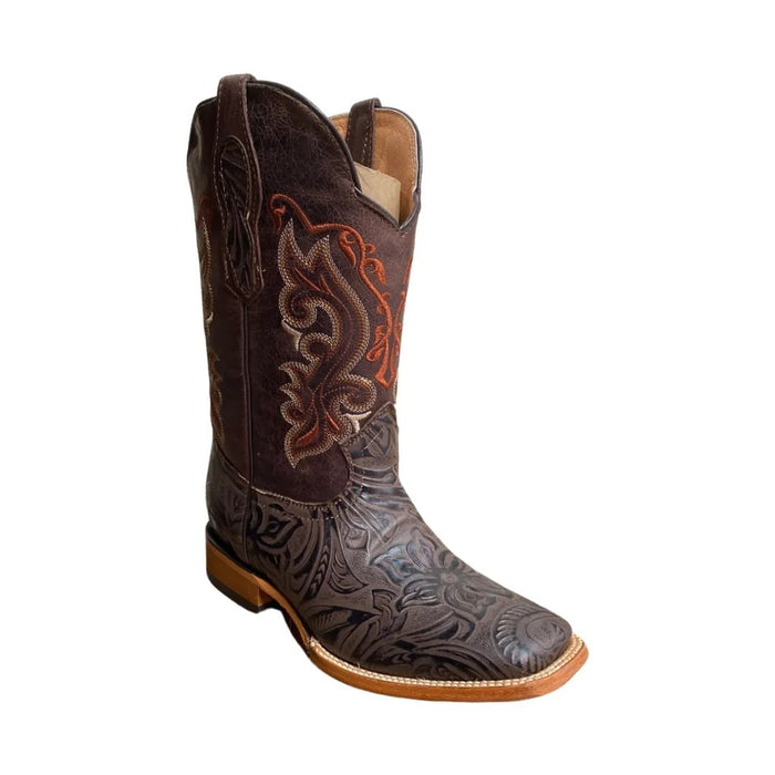 Botas de Cuero Cincelada Horma Rodeo Cuadrada Color Cafe