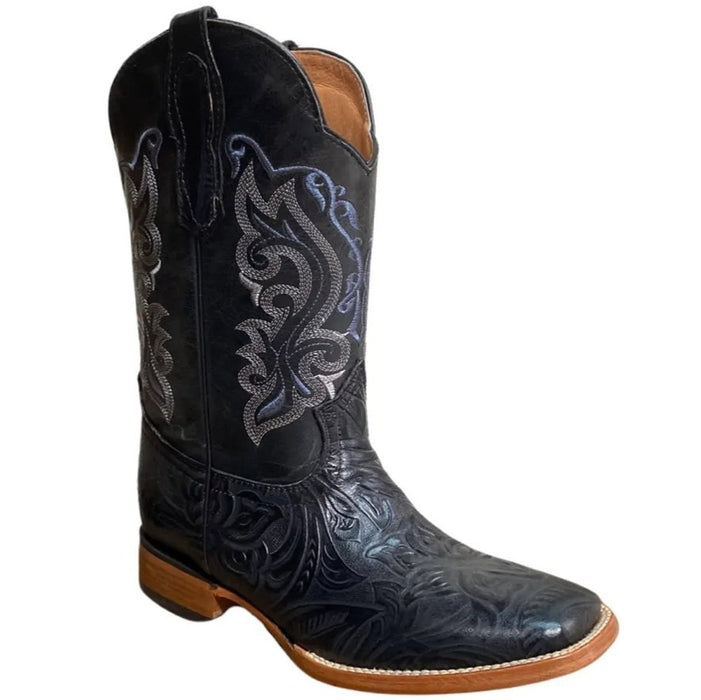 Botas de Cuero Cincelada Horma Rodeo Cuadrada Color Negro