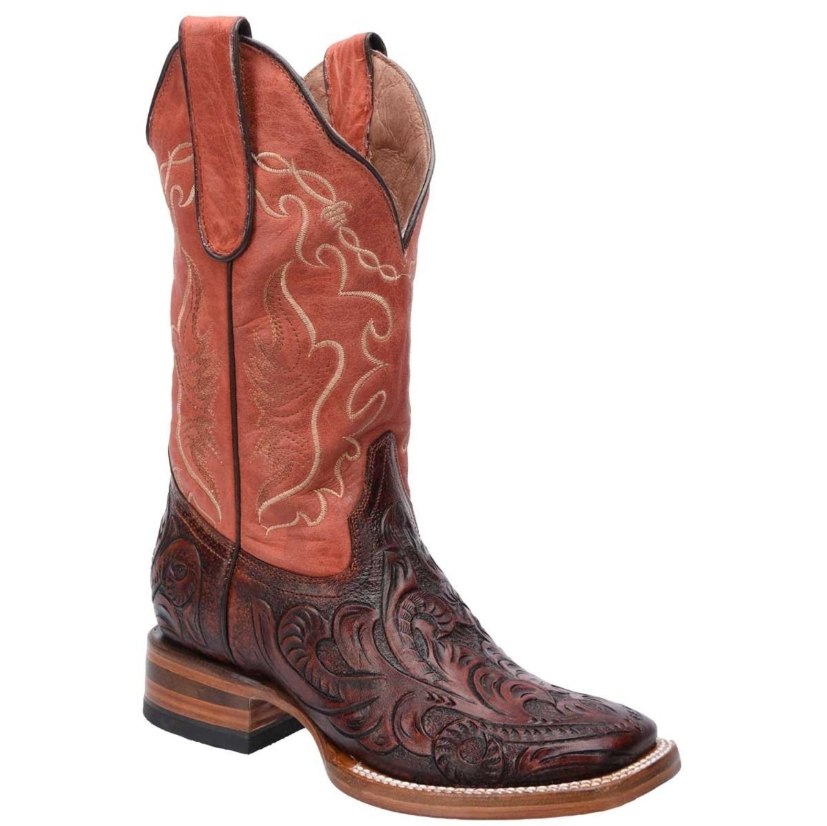 Botas de Cuero Cincelado Horma Rodeo para Mujer Color Cognac WD-510