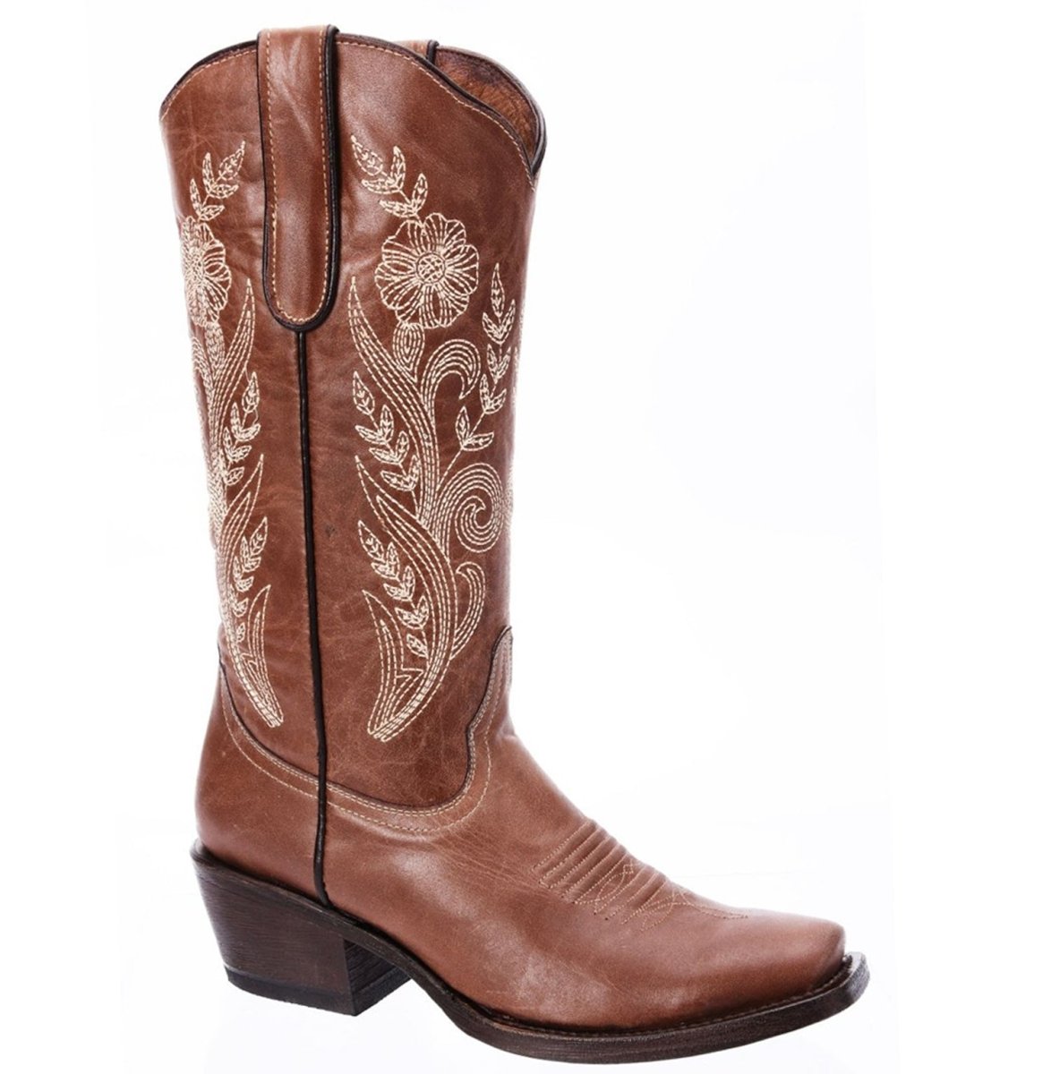 Botas de Cuero Horma Rodeo para Mujer Color Cafe Claro con Flores WD-514