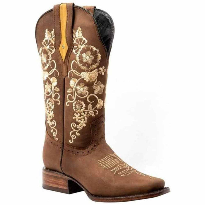 Botas de Cuero Horma Rodeo para Mujer Color Cafe con Girasoles JB