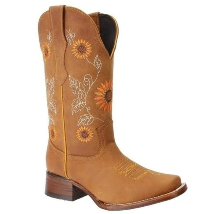 Botas de Cuero Horma Rodeo para Mujer Color Miel con Girasoles