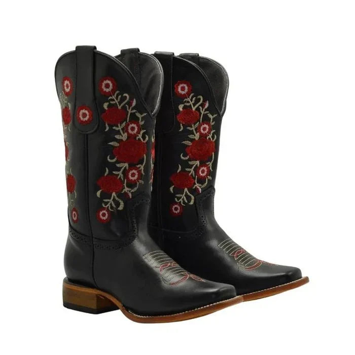 Botas de Cuero Horma Rodeo para Mujer Color Negro con Flores Rojas JB