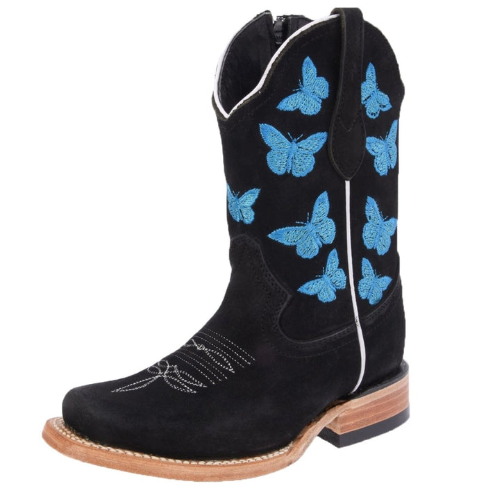 Botas de Cuero Nobuck Horma Rodeo para Mujer Color Negro con Mariposas WD