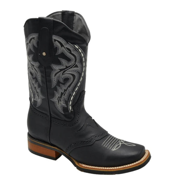 Charro Boot Tractor Sole - Botas de Cuero Original Horma Rodeo Color Negro con Torito Suela de Hule JB