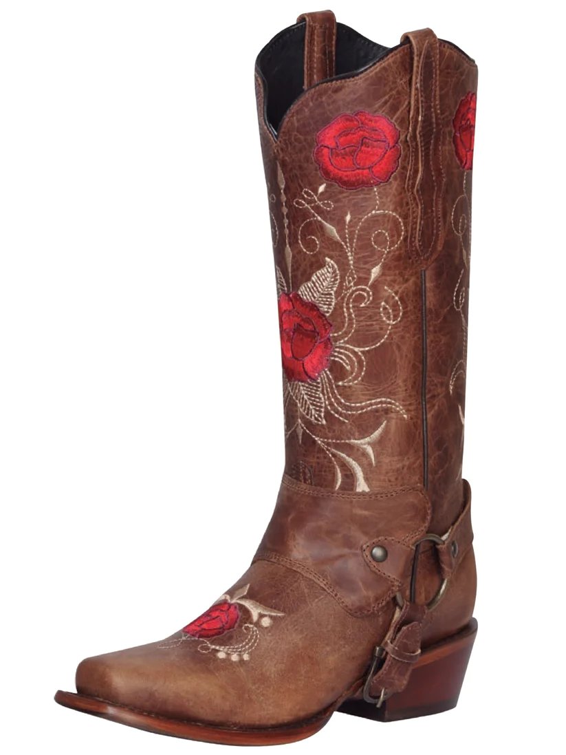 Botas de Cuero Original para Mujer Horma Rodeo Color Tan Flores Rojas GEN-41783