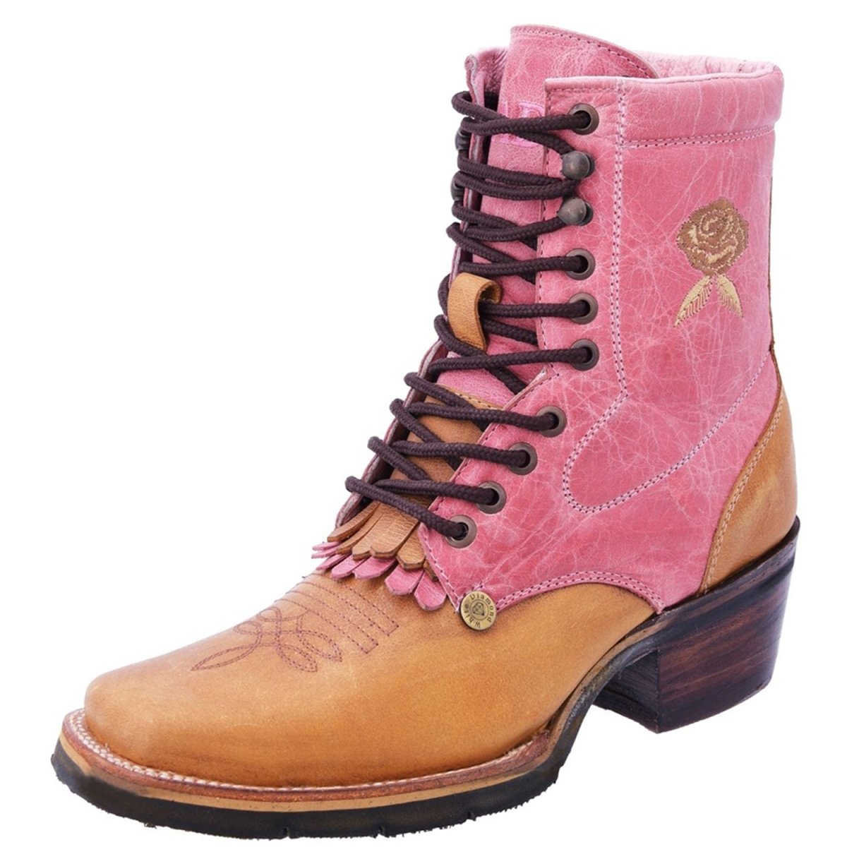 Botas de Cuero para Mujer Horma Rodeo con Agujetas Color Miel y Rosa WD-518