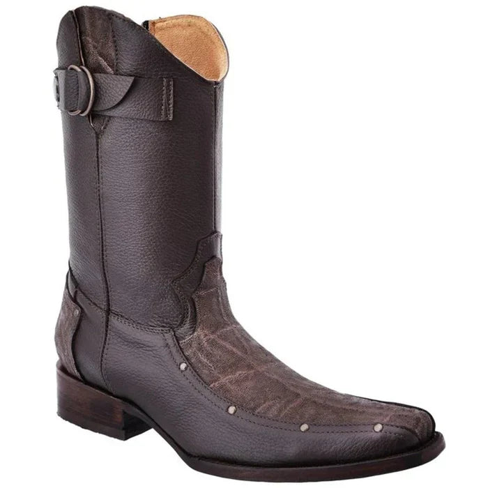 Botas de Elefante Grabado Horma Rodeo Cuadrada con Zipper Color Cafe WD