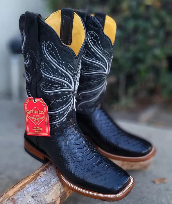 Botas de Piton Grabado Horma Rodeo Cuadrada Color Negro ParaHombreUSA