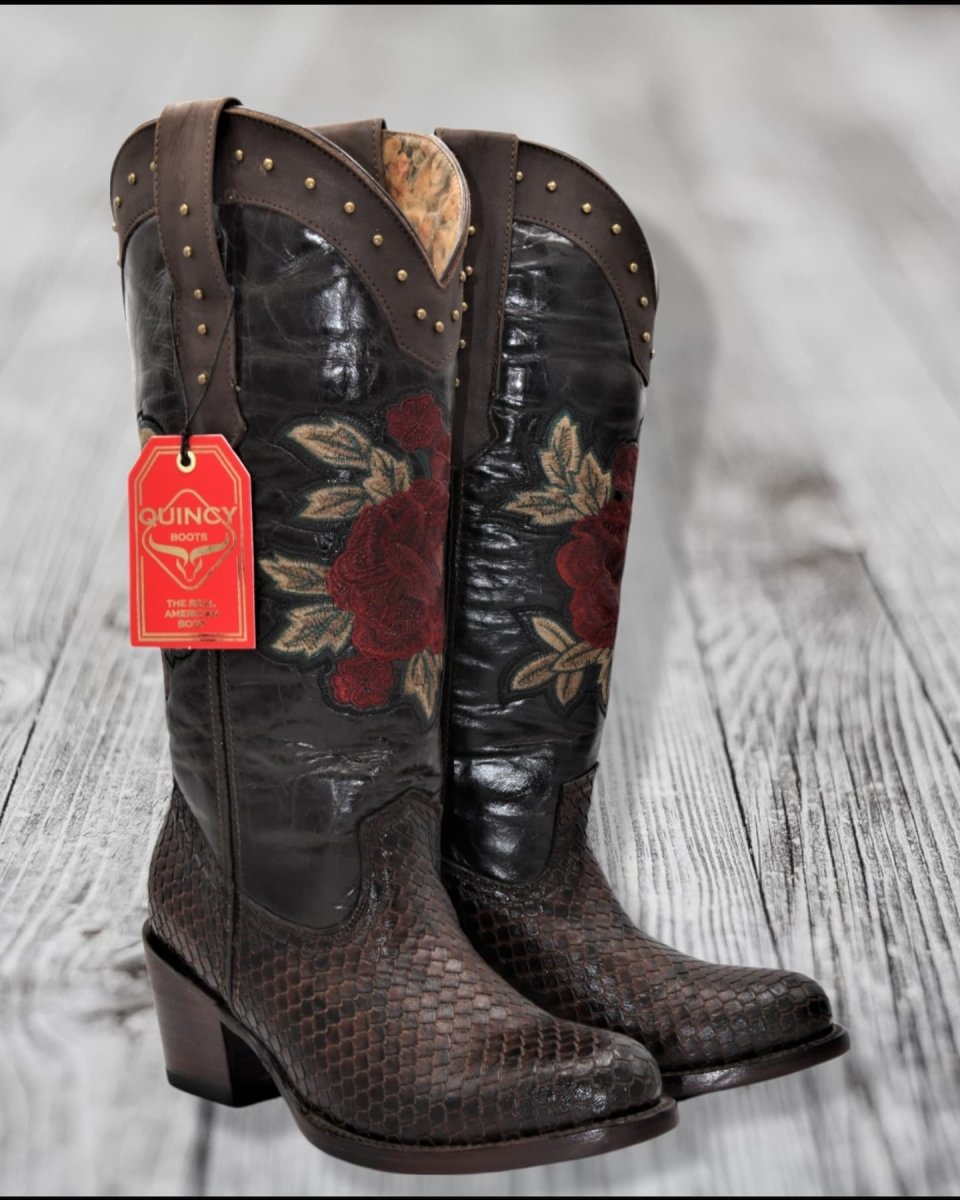 Botas de Piton Grabado para Mujer en Punta Oval Q39RT5794