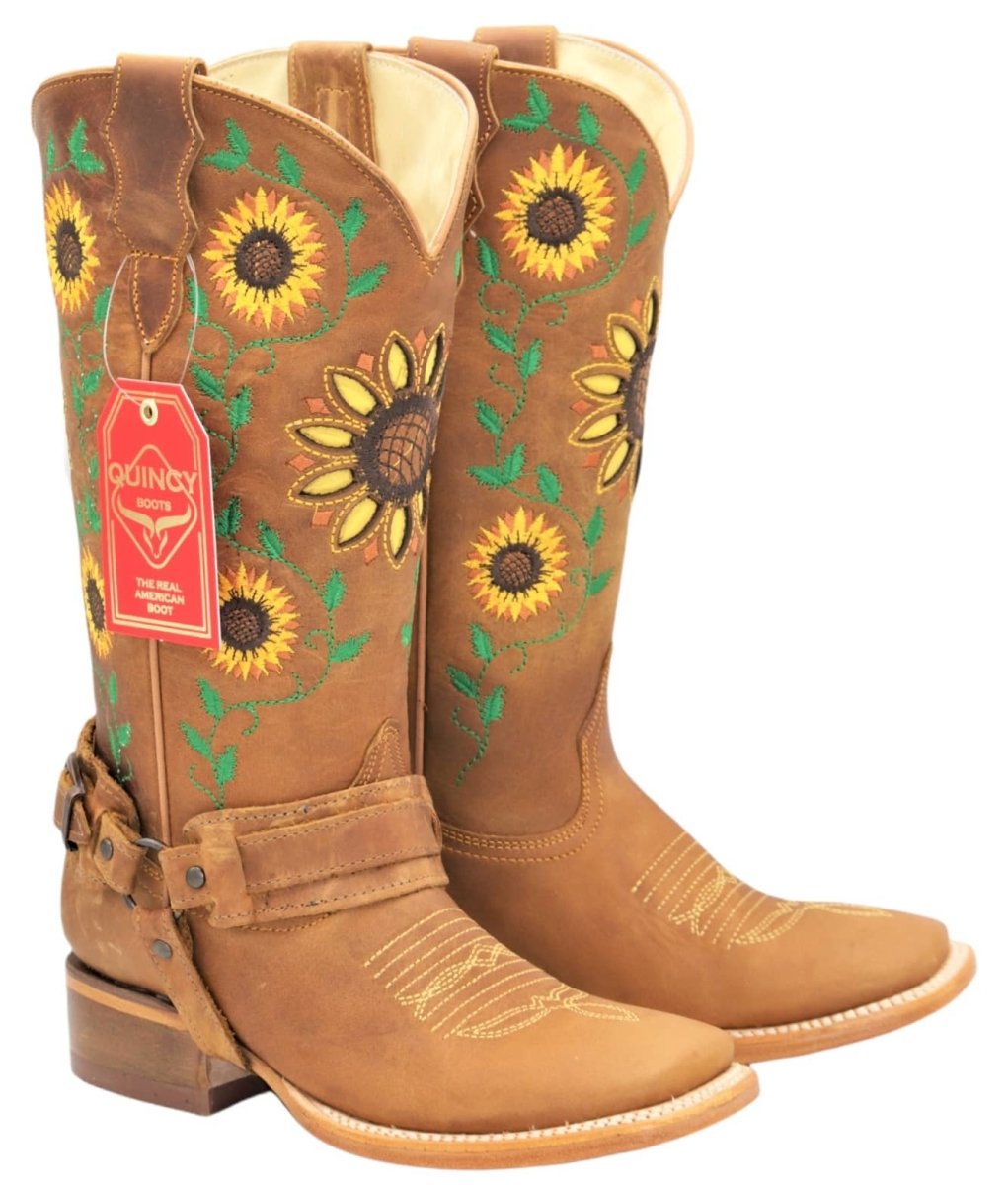 Botas Vaqueras de Cuero con Girasoles para Mujer en Horma Rodeo Q322GL6251