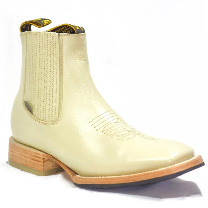 Botines Charros de Cuero Punta Cuadrada Color Hueso con Medallón