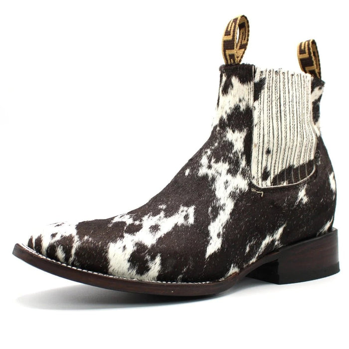 Botines Charros Punta Cuadrada con Pelo de Vaca Color Blanco y Negro