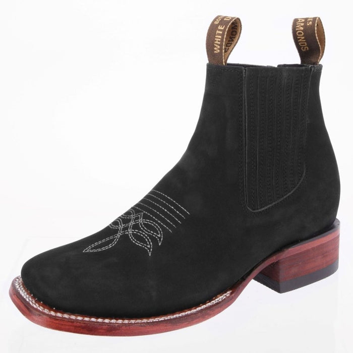 Botines Charros Punta Cuadrada de Gamuza (Nobuck) Color Negro WD