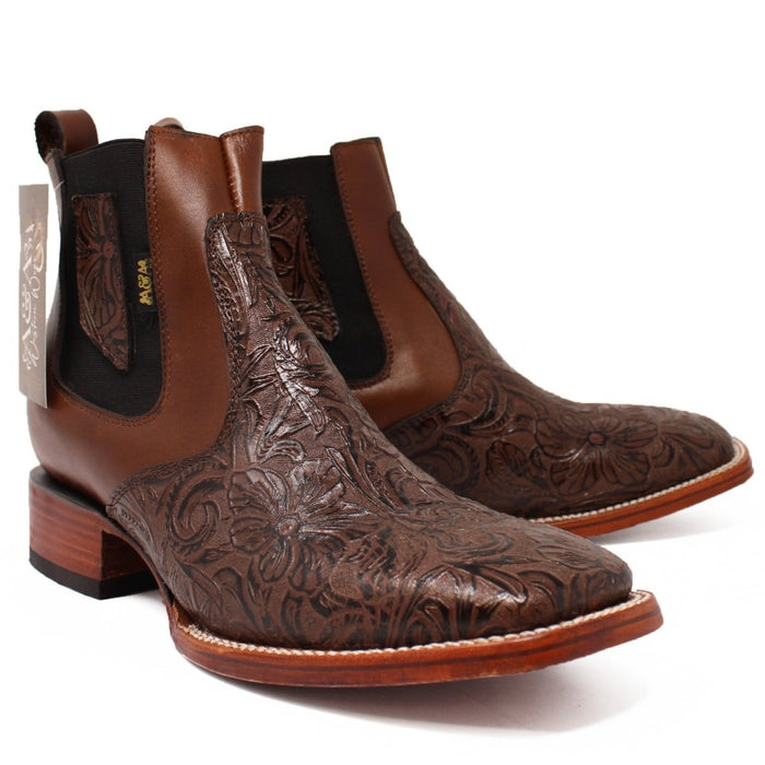 Botines de Cuero Cincelado Punta Cuadrada Color Café