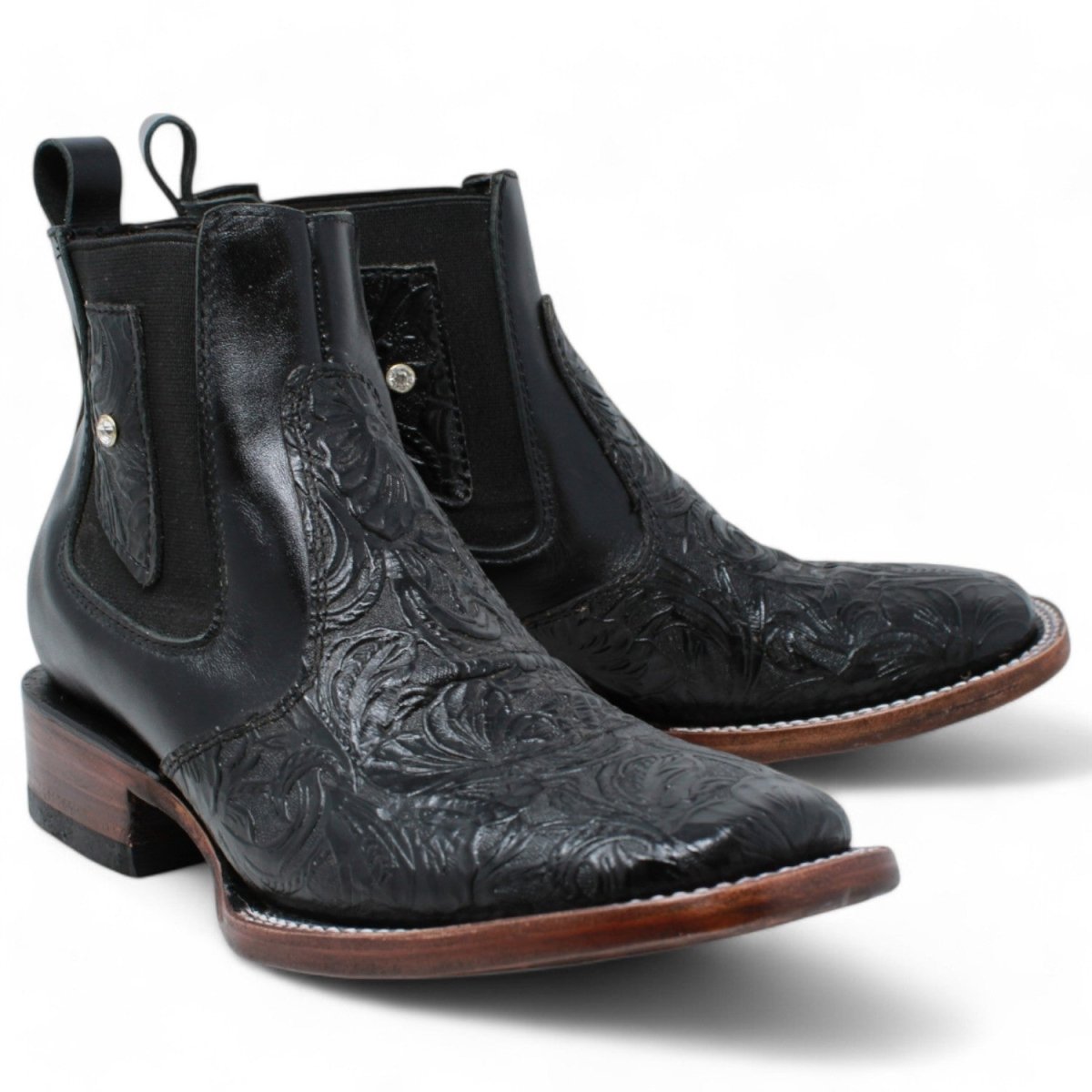 Botines de Cuero Cincelado Punta Cuadrada para Mujer Color Negro