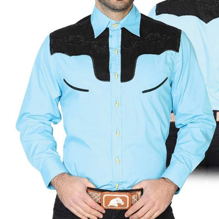 Camisa Charra Bordada El Senor de los Cielos Color Azul con Negro GEN