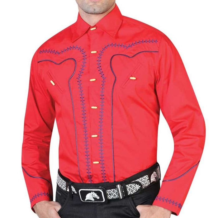Camisa Charra El Senor de los Cielos Color Roja con Bordado Azul GEN