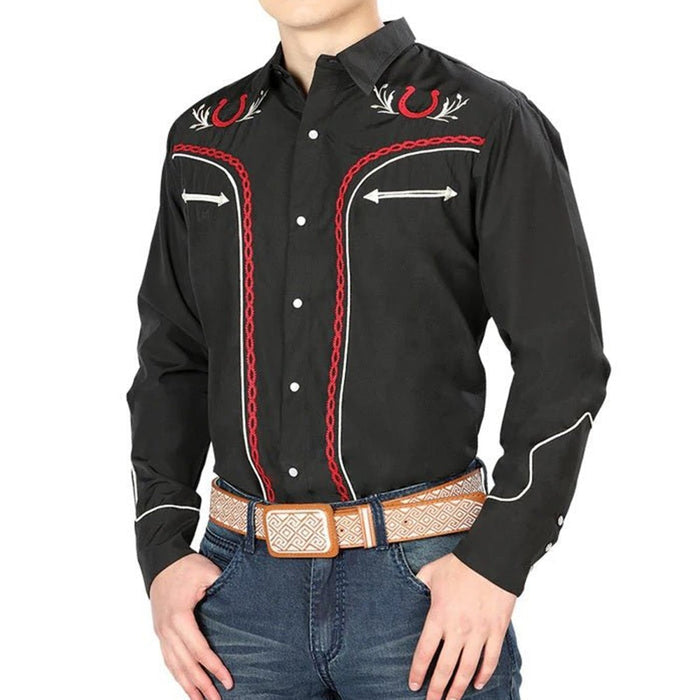 Camisa Vaquera Bordada El Senor de los Cielos Color Negro y Rojo GEN