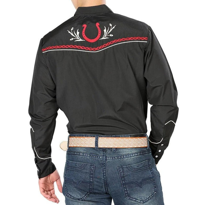Camisa Vaquera Bordada El Senor de los Cielos Color Negro y Rojo GEN