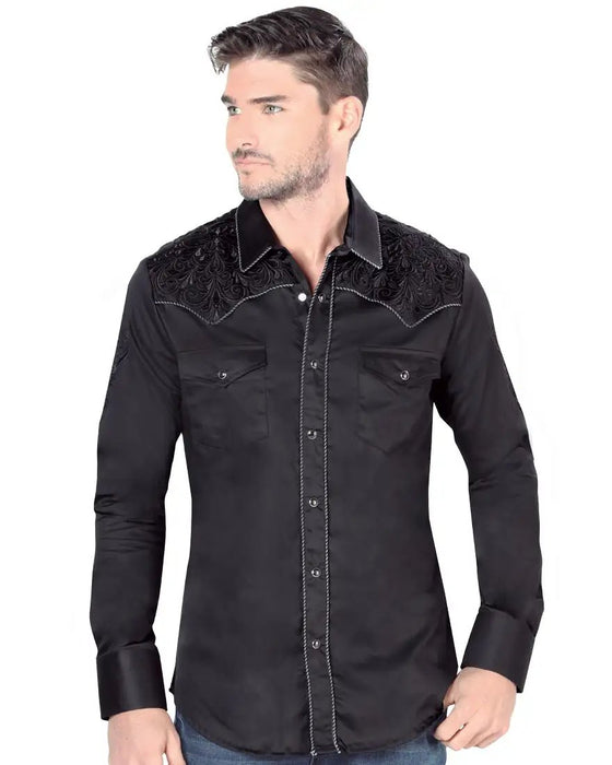 Camisa Vaquera Bordada para Hombre Lamasini Color Negro LAM