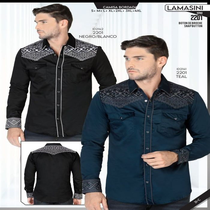 Camisa Vaquera Bordada para Hombre Lamasini Negro y Teal LAM