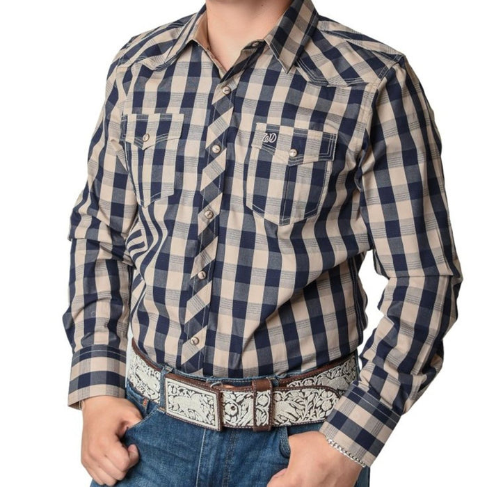 Camisa Vaquera White Diamonds Color Beige con Azul a Cuadros WD