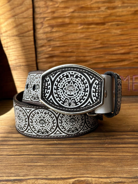Cinto de Cuero Calendario Azteca Blanco con Hebilla de Metal