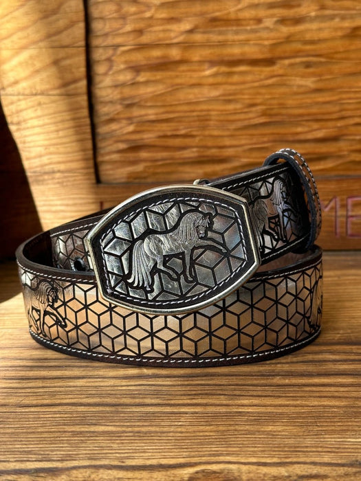 Cinto de Cuero Original Caballo y Cubos Plata con Hebilla de Metal
