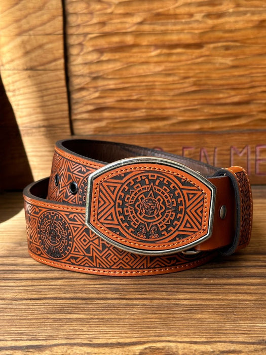 Cinto de Cuero Original de Calendario Azteca Miel con Hebilla de Metal