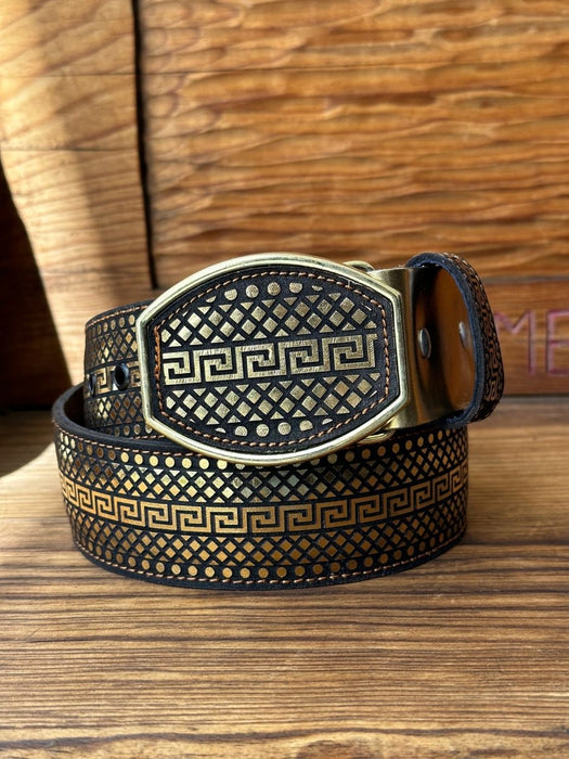 Cinto de Cuero Original de Grecas Color Oro con Hebilla de Metal