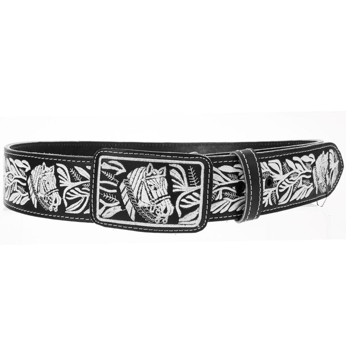 Cinto Vaquero de Cuero Original con Bordado Color Negro con Plata y Caballo WD