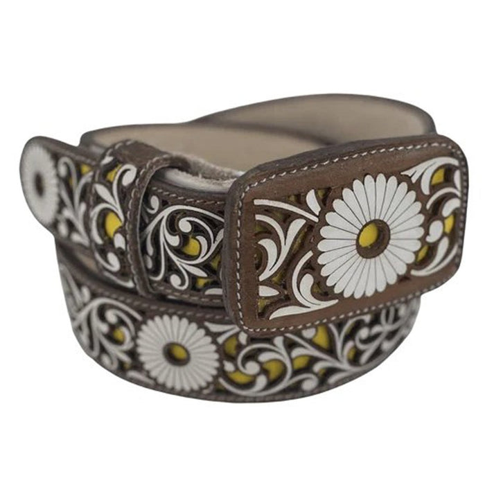 Cinto Vaquero para Mujer de Cuero Cincelado Original Color Cafe y Amarillo RD