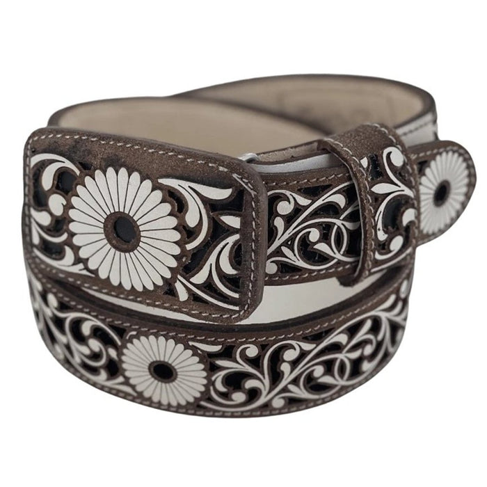 Cinto Vaquero para Mujer de Cuero Cincelado Original Color Cafe y Blanco RD