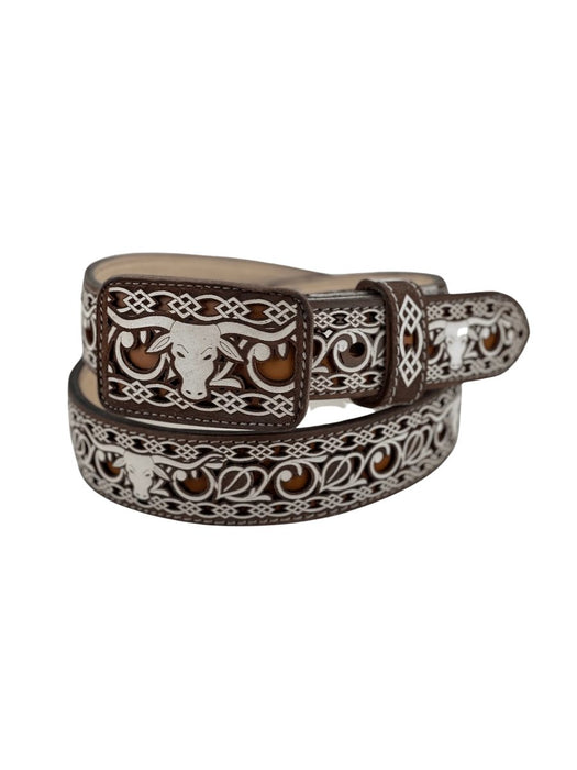 Cinto Vaquero para Mujer de Cuero Cincelado Original Color Cafe y Blanco RD