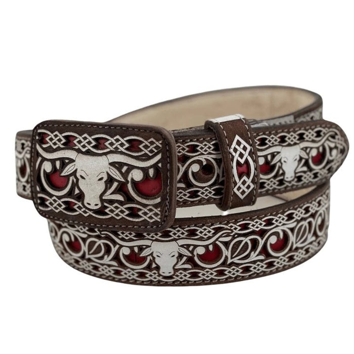 Cinto Vaquero para Mujer de Cuero Cincelado Original Color Cafe y Rojo RD